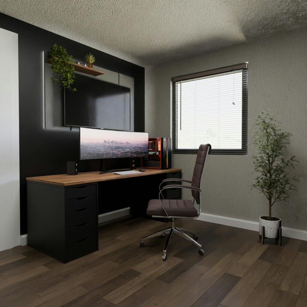Sleek home office featuring a minimalist desk setup with a large monitor and ergonomic chair.